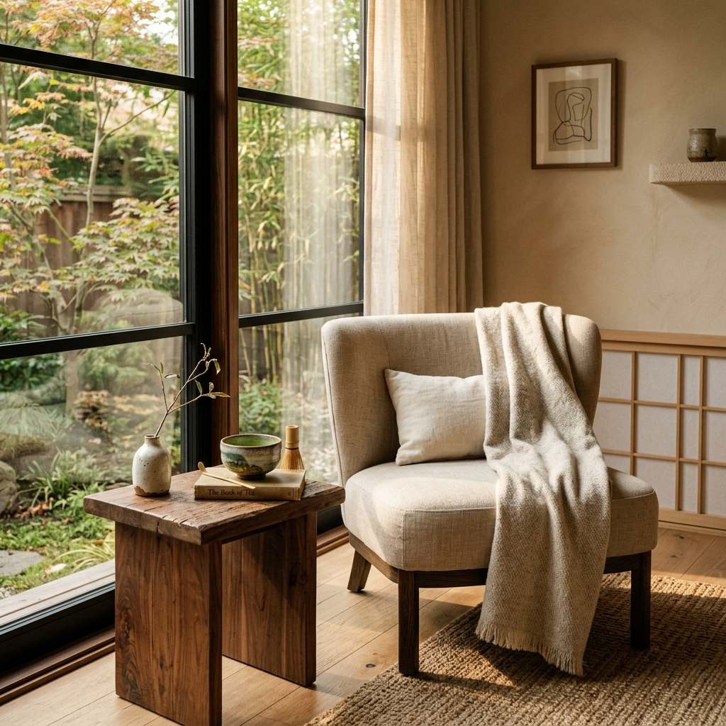 Cozy reading nook in Japandi style